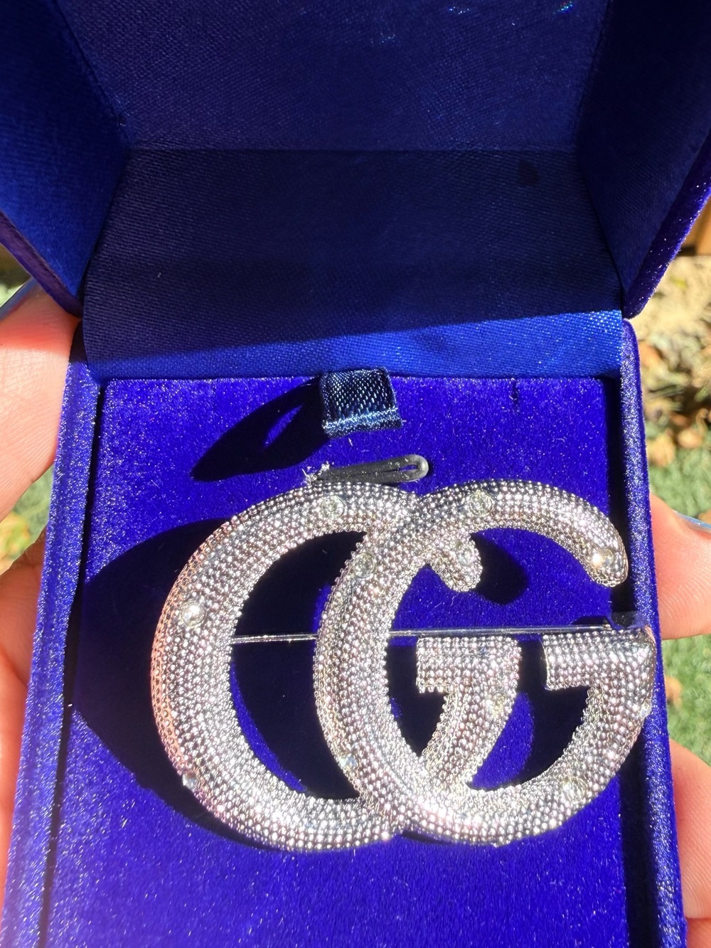 Crystal Double G Silver Serpentine Brooch - Silver Crystal Accent